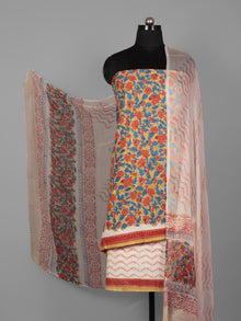 Mustard Red Blue Ivory Hand Block Printed Cotton Suit-Salwar Fabric With Chiffon Dupatta (Set of 3) - S16281277