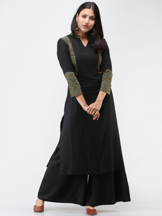 Green Black Ajrakh Hand Block Printed Kurta With Pintuk Yoke  - K204F1520