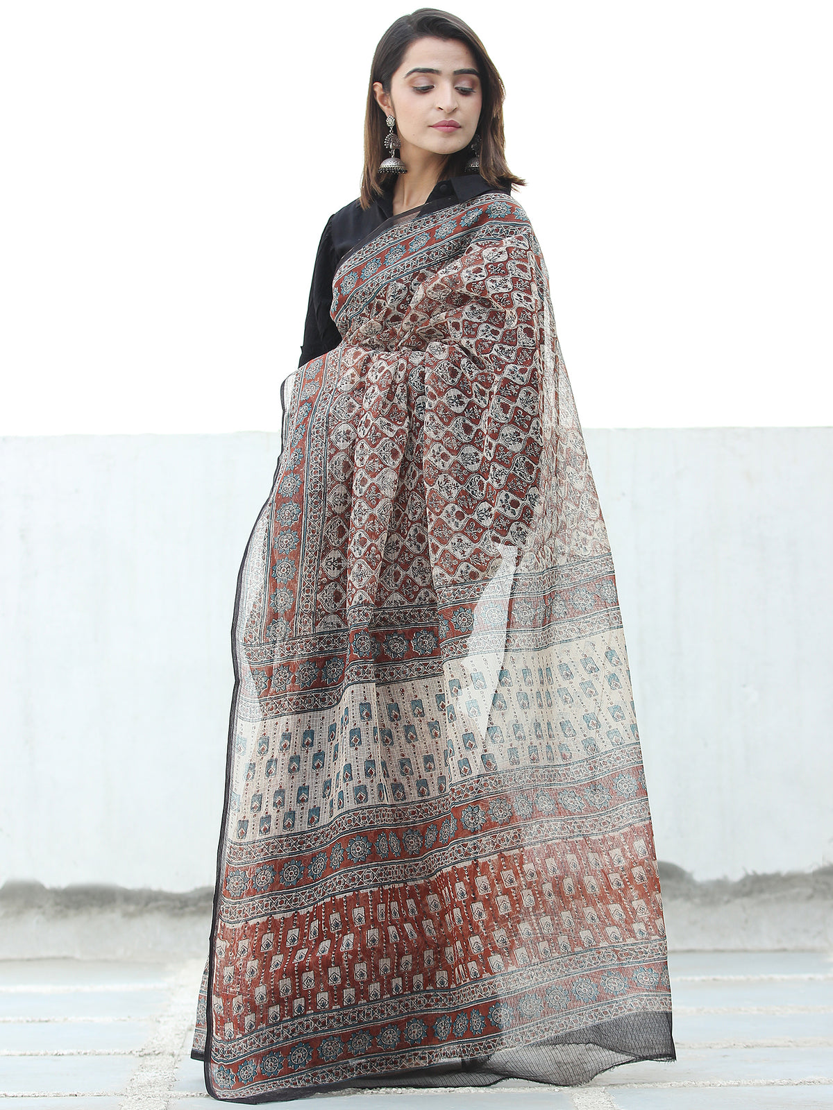 Beige Rust Black Hand Block Printed Kota Doria Saree In Natural Colors - S031704070