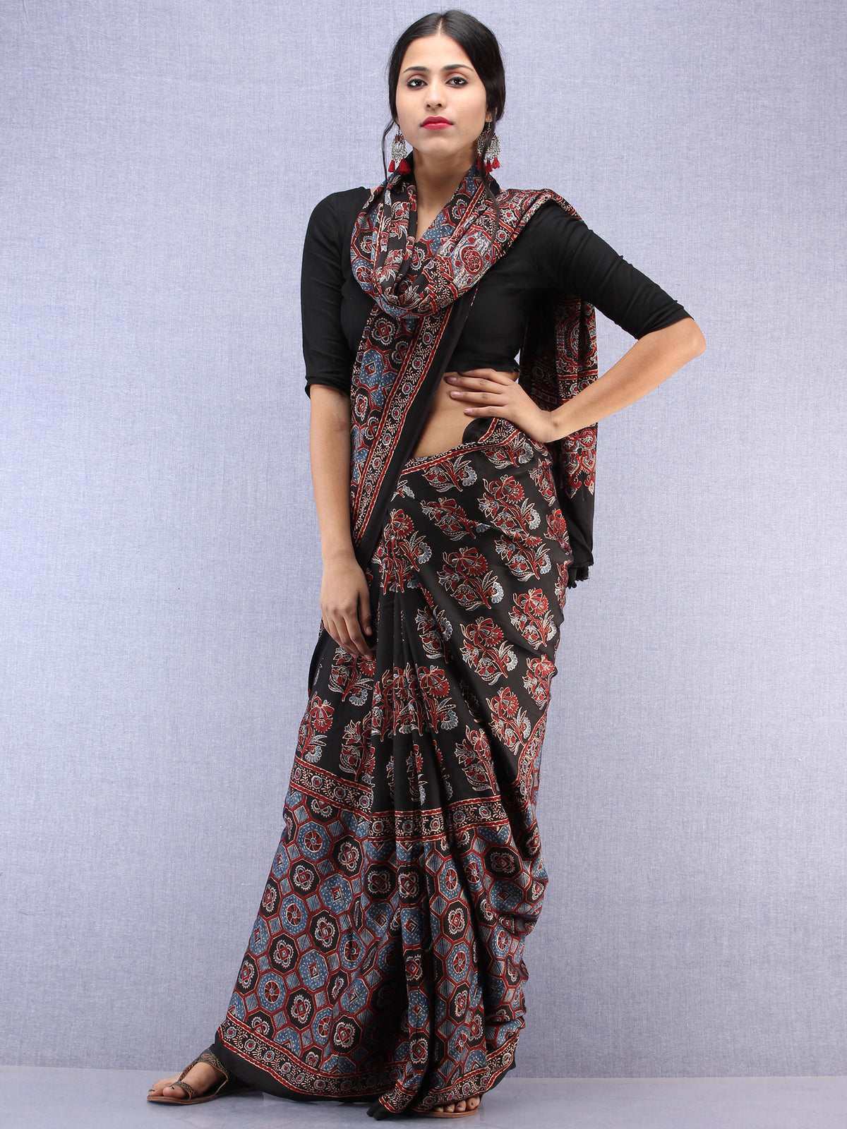 Red Black Indigo Ajrakh Hand Block Printed Modal Silk Saree - S031704444
