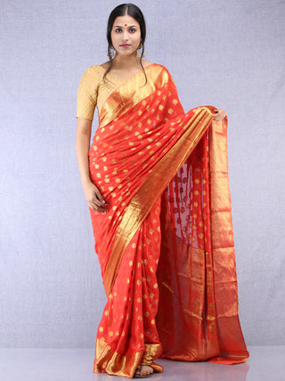 Banarasee Chiffon Saree With Golden Zari Weave - Red & Gold - S031704355