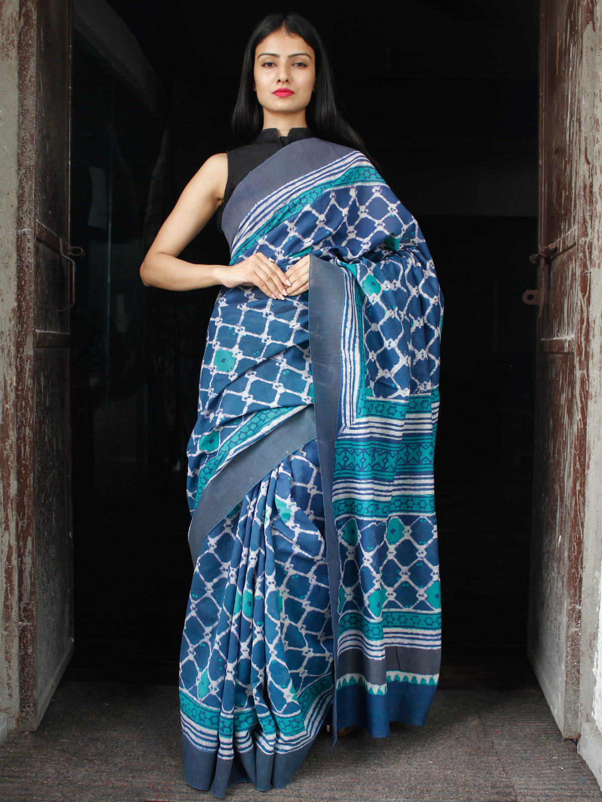 Indigo Green White Chanderi Silk Hand Block Printed Saree With Geecha Border - S031703981