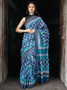 Indigo Green White Chanderi Silk Hand Block Printed Saree With Geecha Border - S031703981