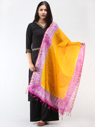 Kota Doria Tie & Die Dupatta  With Zari Border - Yellow & Pink - D04170892