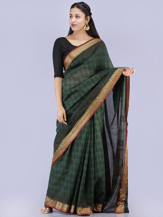 Green Black Bagh Printed Maheshwari Cotton Saree - S031704236