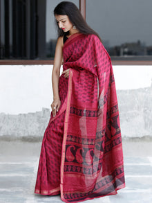 Pink Black Bagh Hand Block Printed Maheswari Silk Saree With Resham Border - S031703826