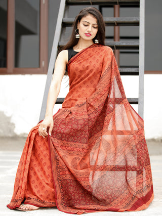 Coral Maroon Black Bagh Hand Block Printed Cotton Saree - S031703817