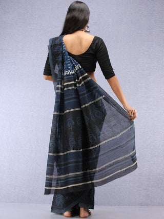 Indigo Ivory Hand Block Printed Chanderi Saree With Geecha Border - S031704504