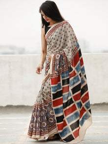 Beige Indigo Maroon Black Ajrakh Hand Block Printed Cotton Saree in Natural Colors - S031703806