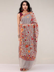 Grey Aari Embroidered Georgette Saree From Kashmir  - S031704623