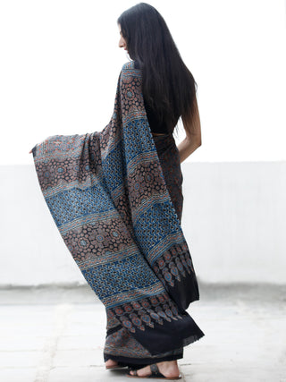 Indigo Black Maroon Ivory Ajrakh Hand Block Printed Modal Silk Saree in Natural Colors - S031703694