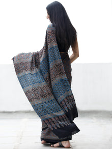 Indigo Black Maroon Ivory Ajrakh Hand Block Printed Modal Silk Saree in Natural Colors - S031703694