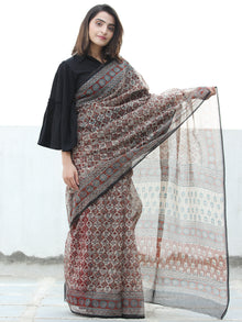 Beige Rust Black Hand Block Printed Kota Doria Saree In Natural Colors - S031704070