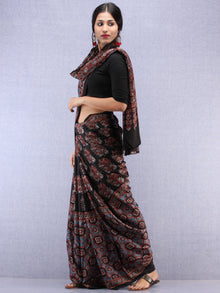 Red Black Indigo Ajrakh Hand Block Printed Modal Silk Saree - S031704444