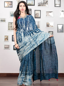 Indigo Ivory Hand Block Printed & Hand Painted Cotton Mul Saree With Kantha Mirror & Hand Made Potli Tassels  - S031703015