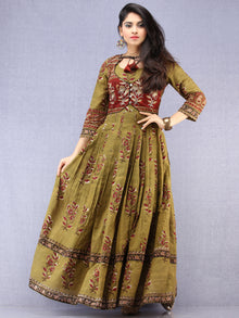 Naaz Maham - Hand Block Printed & Embroidered Long Cotton Box Pleated Dress With Tassels - DS95F001