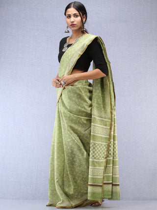 Light Green Ivory Maheshwari Silk Hand Block Printed Saree With Zari Border - S031704479