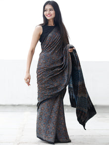 Indigo Black Maroon Ivory Ajrakh Hand Block Printed Modal Silk Saree in Natural Colors - S031703694