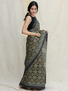 Charcoal Black Olive Green Ivory Ajrakh Hand Block Printed Modal Silk Saree - S031704115