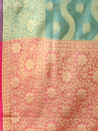 Banarasi Chanderi Dupatta With Zari Work - Light Green Pink & Gold - D04170790