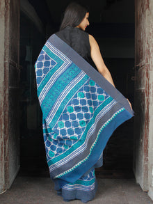 Indigo Green White Chanderi Silk Hand Block Printed Saree With Geecha Border - S031703981