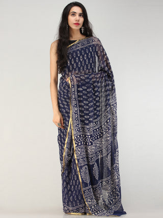 Navy OffWhite Hand Block Printed Chiffon Saree with Zari Border - S031704553