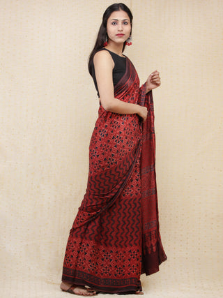 Crimson Red Black Ajrakh Hand Block Printed Modal Silk Saree - S031704150