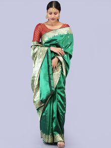 Banarasee Pure Katan Silk Handloom Saree With Zari Work - Green & Gold - S031704288