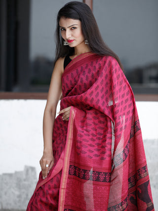 Pink Black Bagh Hand Block Printed Maheswari Silk Saree With Resham Border - S031703826