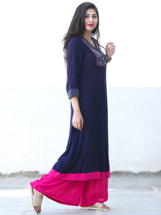 Indigo Pink Rayon Kurta And Palazzo With Embroidery Details - Set of 2 - SS01F026