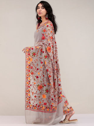 Grey Aari Embroidered Georgette Saree From Kashmir  - S031704623