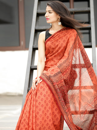 Coral Maroon Black Bagh Hand Block Printed Cotton Saree - S031703817