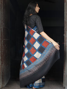 Indigo Black White Brick Red Ajrakh Hand Block Printed Modal Silk Saree in Natural Colors - S031703511