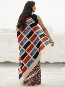 Beige Indigo Maroon Black Ajrakh Hand Block Printed Cotton Saree in Natural Colors - S031703806