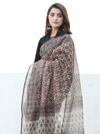 Beige Rust Black Hand Block Printed Kota Doria Saree In Natural Colors - S031704070