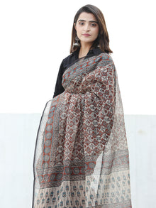 Beige Rust Black Hand Block Printed Kota Doria Saree In Natural Colors - S031704070