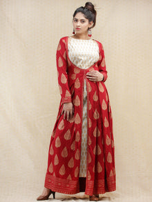 Nazakat - Red Gold Printed Long Cape Dress With Tunic - D377FXXx