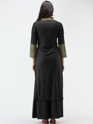 Green Black Ajrakh Hand Block Printed Kurta With Pintuk Yoke  - K204F1520