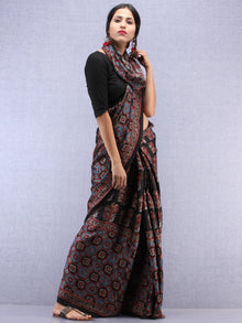 Red Black Indigo Ajrakh Hand Block Printed Modal Silk Saree - S031704444