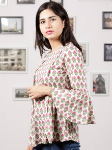 White Green Pink Hand Block Printed Cotton Top With Pleat Details - T23F1057