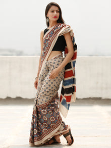 Beige Indigo Maroon Black Ajrakh Hand Block Printed Cotton Saree in Natural Colors - S031703806