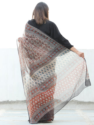 Beige Rust Black Hand Block Printed Kota Doria Saree In Natural Colors - S031704070