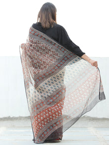 Beige Rust Black Hand Block Printed Kota Doria Saree In Natural Colors - S031704070