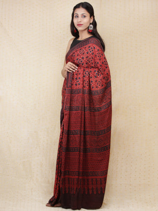 Crimson Red Black Ajrakh Hand Block Printed Modal Silk Saree - S031704150