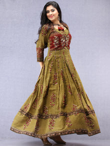 Naaz Maham - Hand Block Printed & Embroidered Long Cotton Box Pleated Dress With Tassels - DS95F001