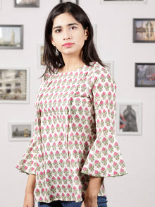 White Green Pink Hand Block Printed Cotton Top With Pleat Details - T23F1057