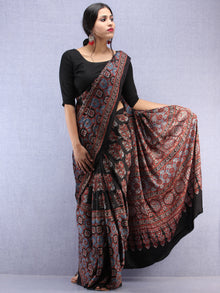 Red Black Indigo Ajrakh Hand Block Printed Modal Silk Saree - S031704444