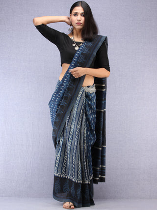Indigo Ivory Hand Block Printed Chanderi Saree With Geecha Border - S031704504