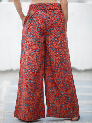 Red Indigo Ivory Ajrakh Hand Block Printed Semi Elasticated Waist Pleated Cotton Palazzo - P11F705