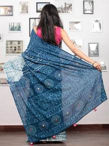 Indigo Ivory Hand Block Printed & Hand Painted Cotton Mul Saree With Kantha Mirror & Hand Made Potli Tassels  - S031703015